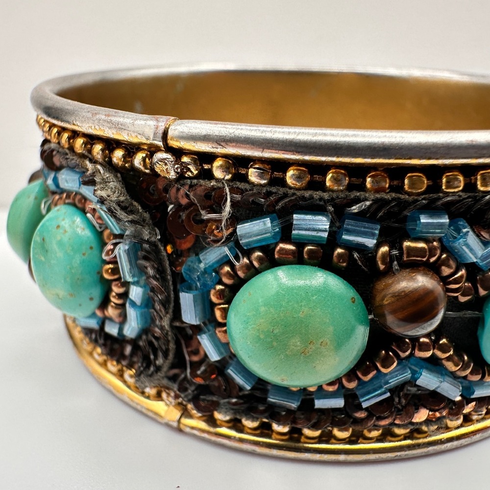 Vintage 90s Mixed Media Bangle Bracelet Turquoise Tiger Eye Glass Beaded Boho - Picture 4 of 12